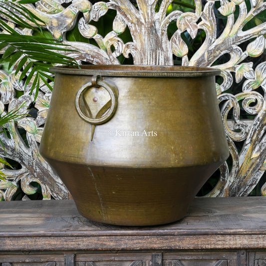Antique Brass Cauldron-Style Pot with Beaded Rim and Ring Handles 16"