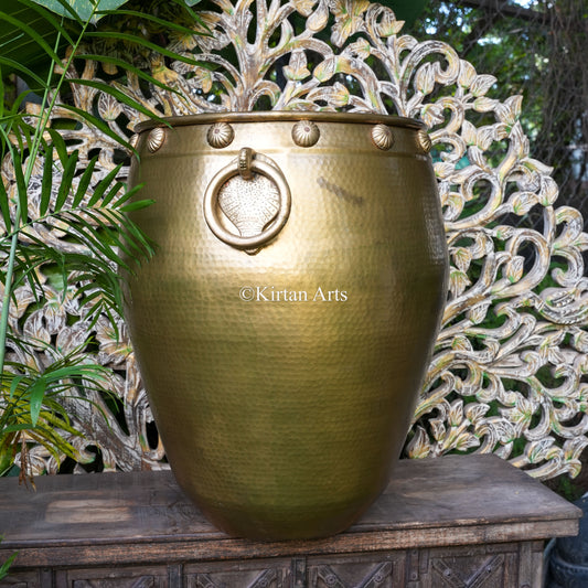 Large Hammered Brass Planter with Rosette Studs and Ring Handles 29"