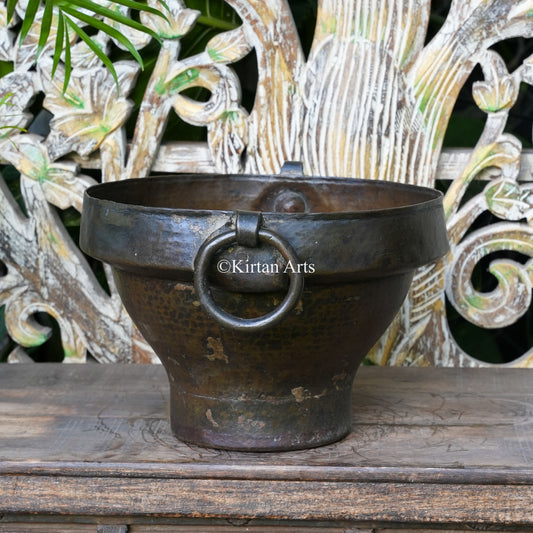 Antique Brass Kadai-Style Bowl Planter with Ring Handles 12"
