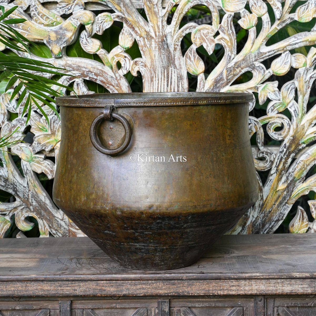 Antique Brass Tapered Vessel with Ring Handles 9"