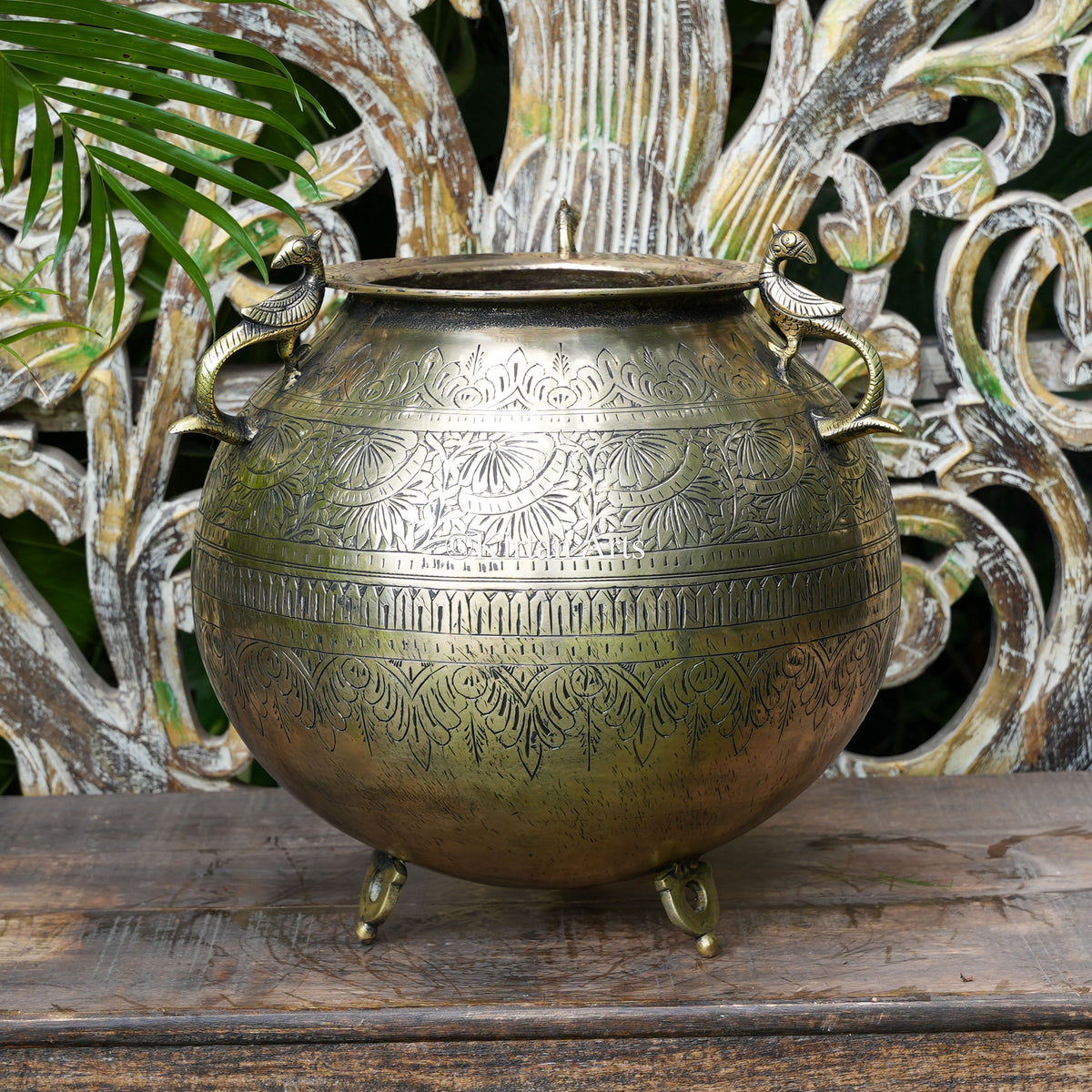 Hand-Engraved Brass Pot with Peacock Handles 14"