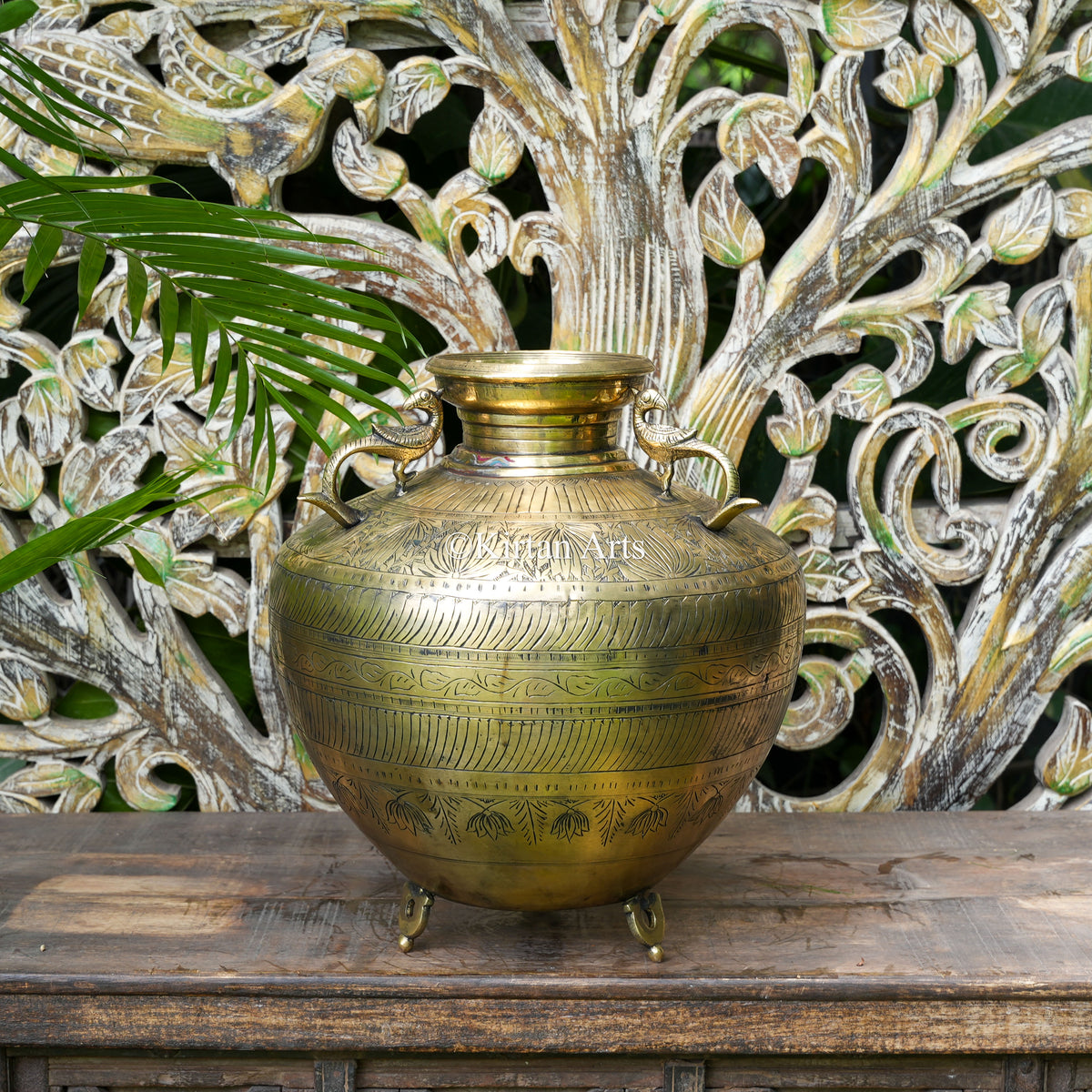 Hand-Engraved Brass Pot with Peacock Handles 15.5"
