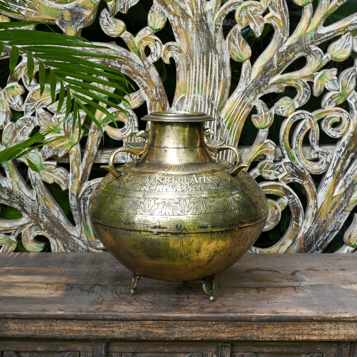Hand-Engraved Brass Pot with Peacock Handles 14"