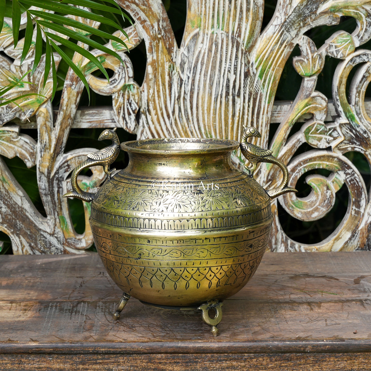 Hand-Engraved Brass Pot with Peacock Handles 10.5"