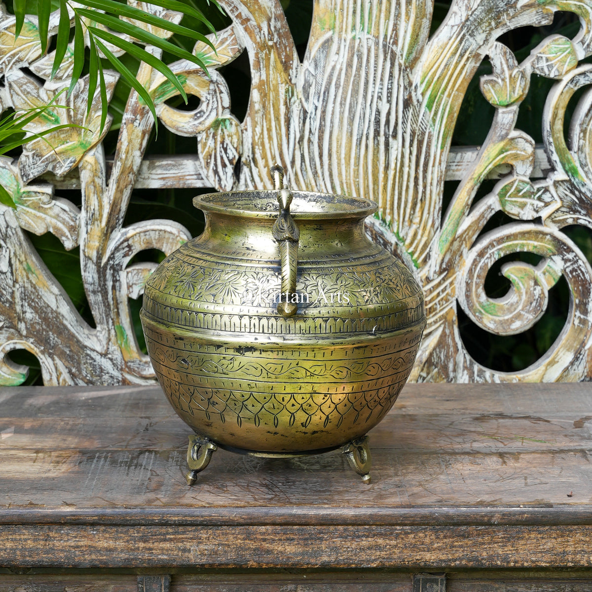 Hand-Engraved Brass Pot with Peacock Handles 10.5"