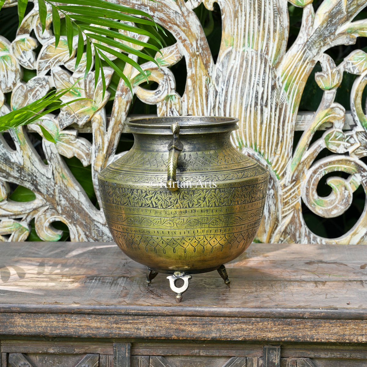 Hand-Engraved Brass Pot with Floral Frieze and Peacock Handles 11"