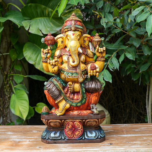 24" Hand-Carved Vagai Wood Lord Ganesha Sculpture (Golden Turmeric Finish)
