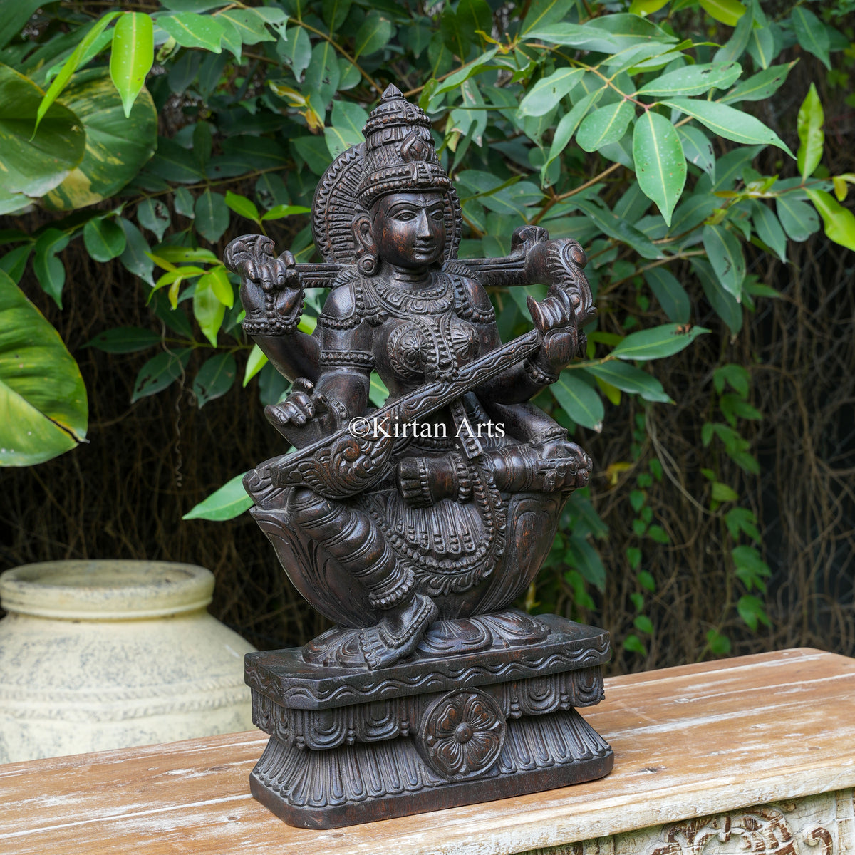 24" Hand-Carved Vagai Wood Goddess Saraswati Sculpture