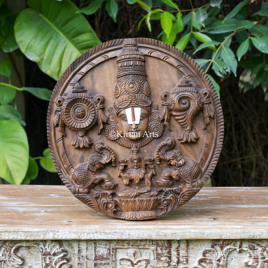15" Hand-Carved Circular Tirupati Balaji & Gajalakshmi Wall Medallion