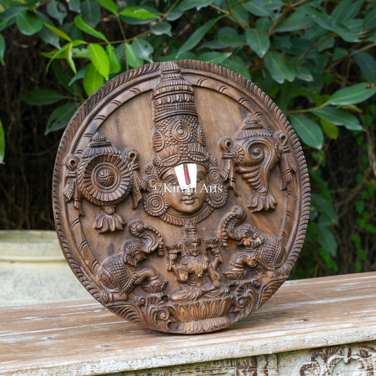 15" Hand-Carved Circular Tirupati Balaji & Gajalakshmi Wall Medallion