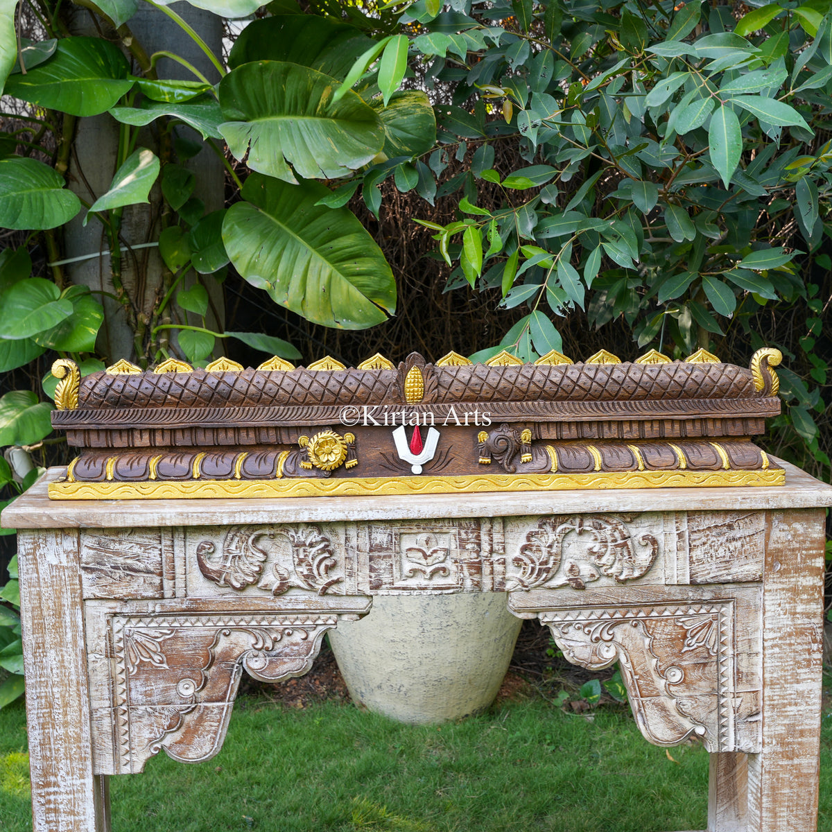 42" Hand-Carved Temple Gopuram Crest with Vaishnava Symbols & Gold Highlights