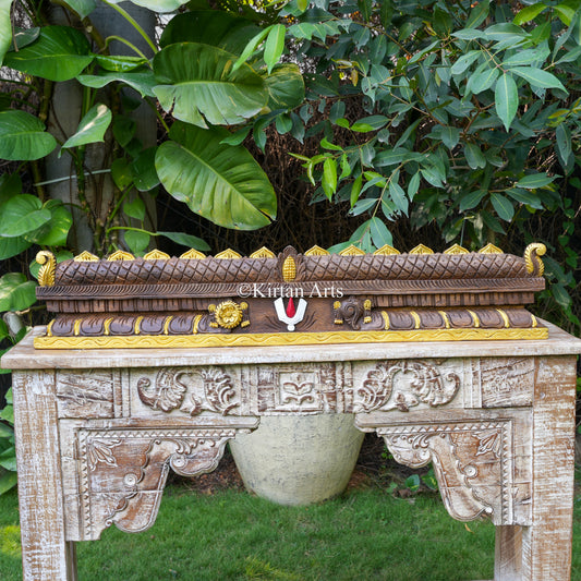 42" Hand-Carved Temple Gopuram Crest with Vaishnava Symbols & Gold Highlights