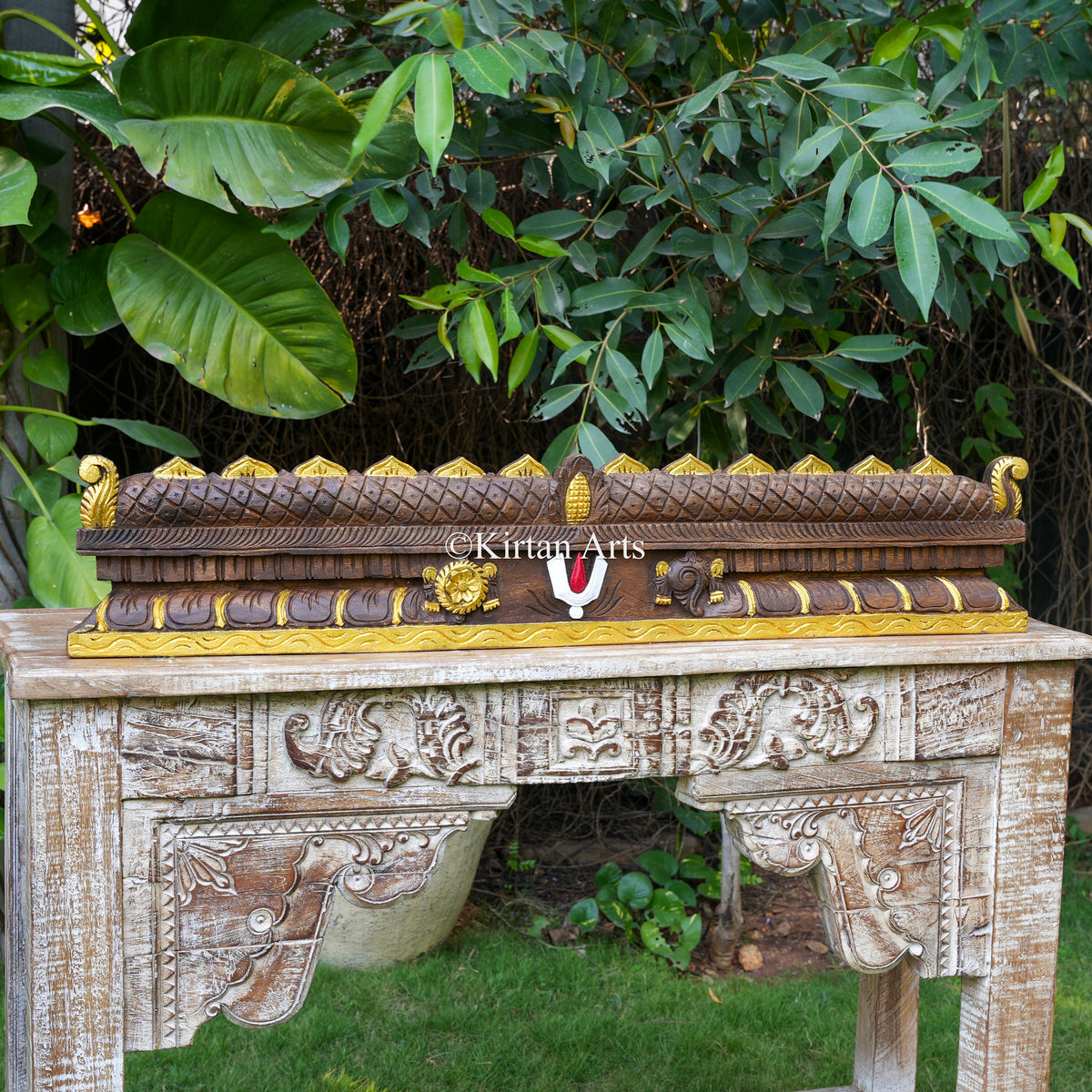 42" Hand-Carved Temple Gopuram Crest with Vaishnava Symbols & Gold Highlights