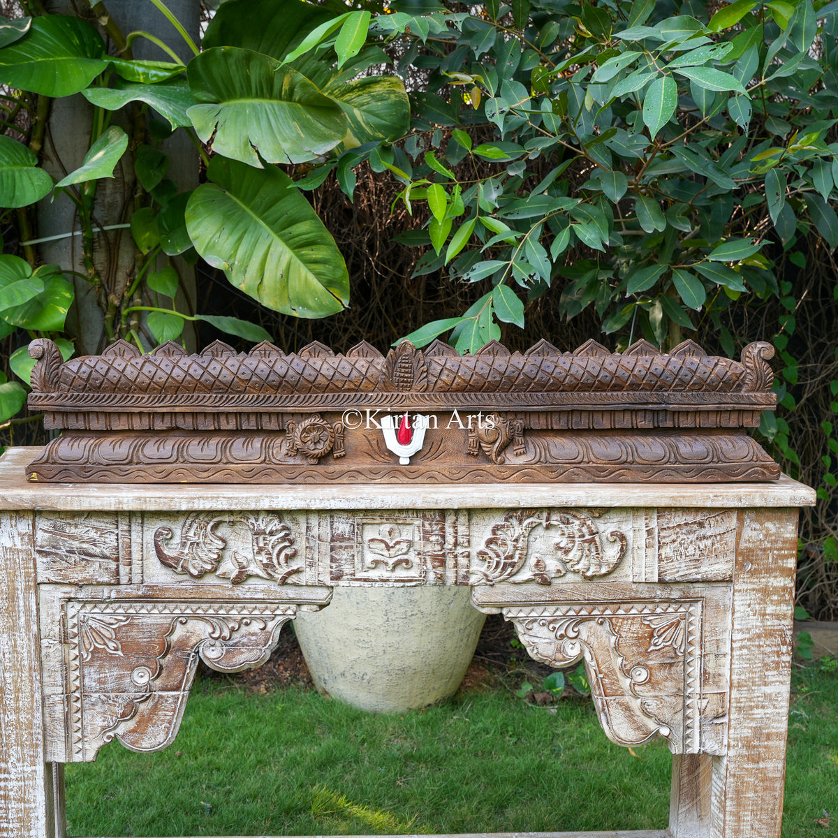 42" Hand-Carved Temple Gopuram Crest with Vaishnava Symbols (Antique Finish)