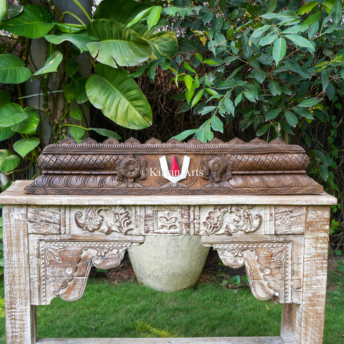 42" Hand-Carved Temple Gopuram Crest with Vaishnava Symbols (Rustic Antique Finish)