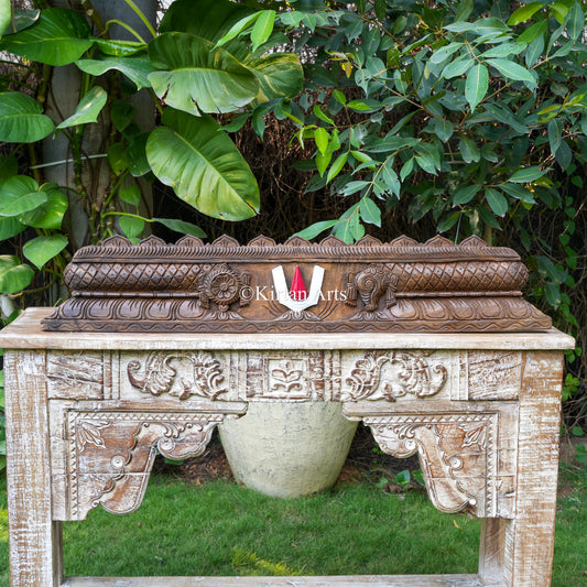 42" Hand-Carved Temple Gopuram Crest with Vaishnava Symbols (Rustic Antique Finish)