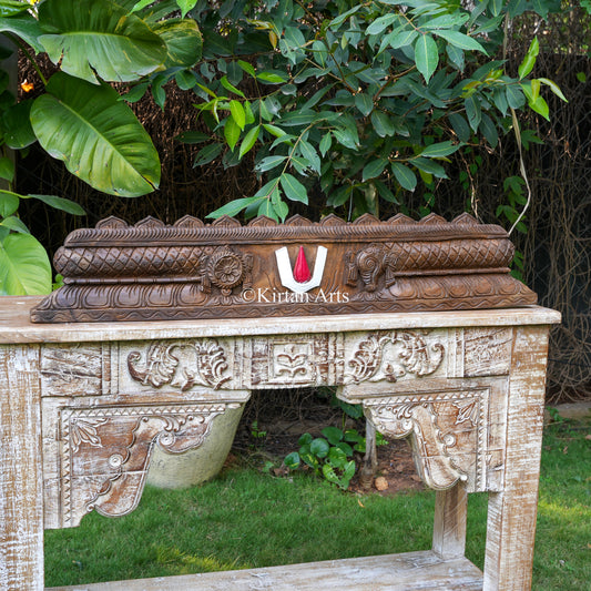 42" Hand-Carved Temple Gopuram Crest with Vaishnava Symbols (Rustic Antique Finish)