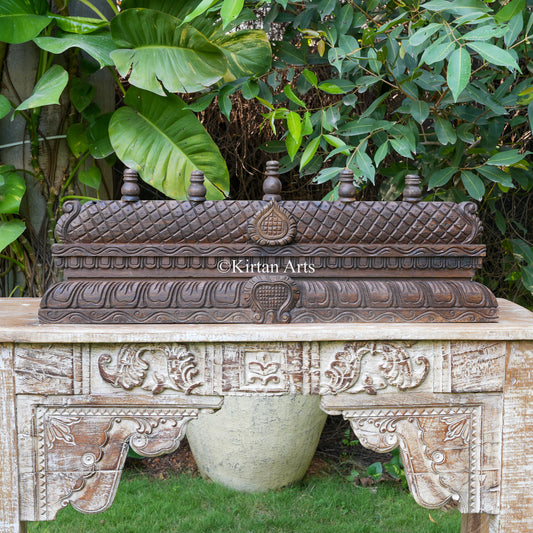 36" Hand-Carved Temple Gopuram Crest with 5 Kalasam Spires (Antique Finish)