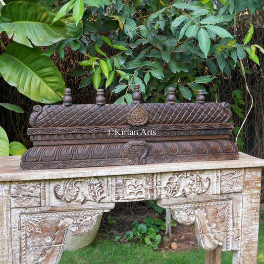 36" Hand-Carved Temple Gopuram Crest with 5 Kalasam Spires (Antique Finish)