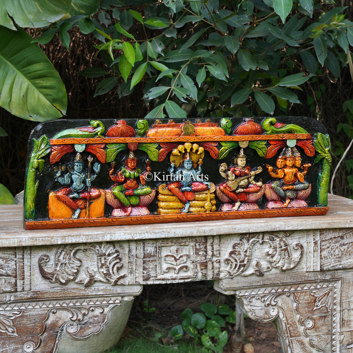 30" Hand-Carved Pancha Deva / Deities Temple Lintel Panel