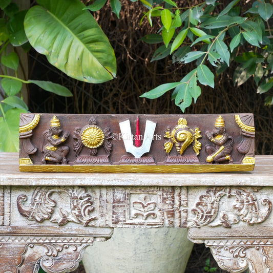 24" Hand-Carved Vaishnava Symbols & Garuda Hanuman Lintel Panel