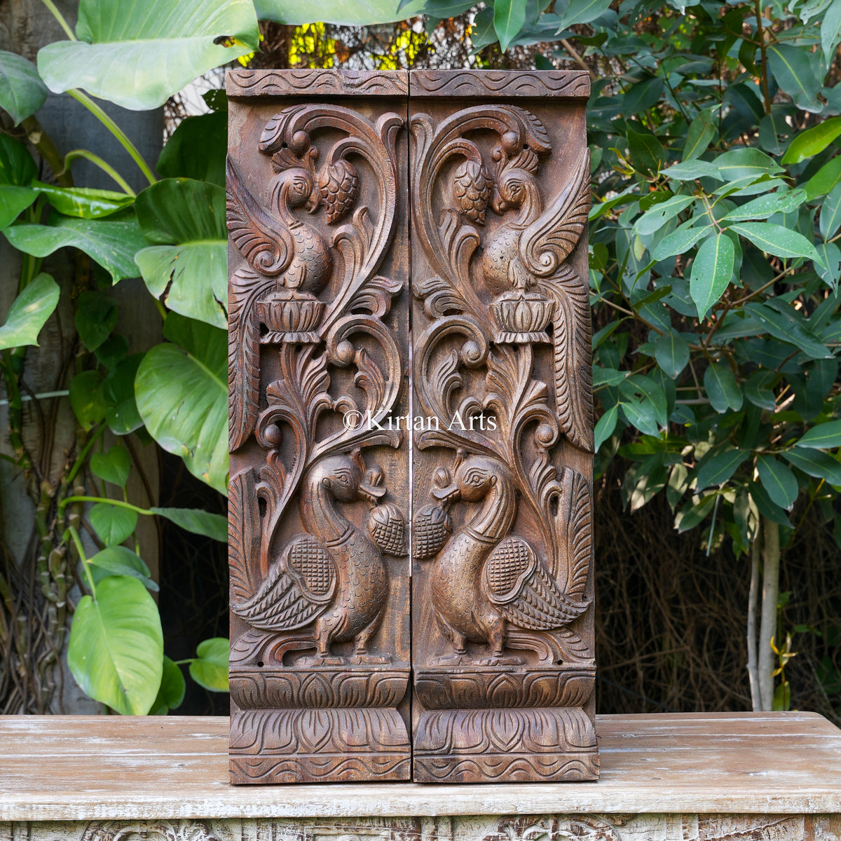 30" Hand-Carved Peacock Door Jamb Panels (Pair - Antique Finish)