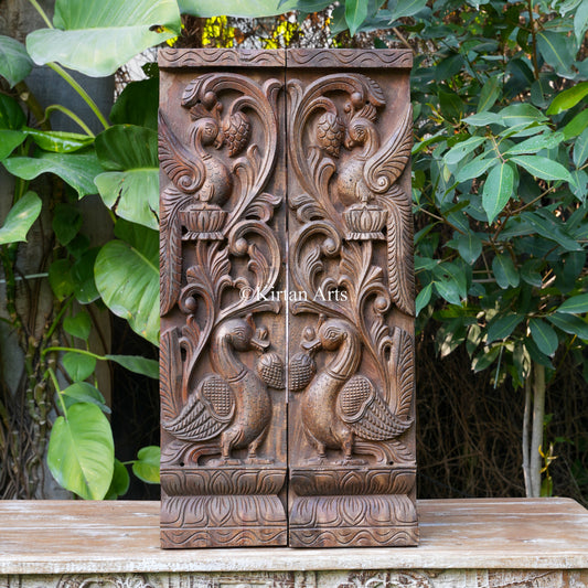 30" Hand-Carved Peacock Door Jamb Panels (Pair - Antique Finish)