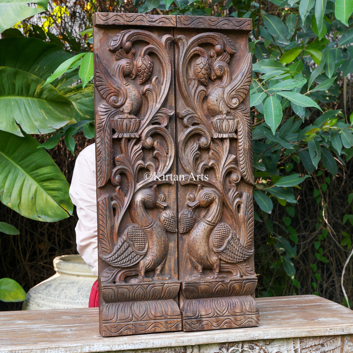 30" Hand-Carved Peacock Door Jamb Panels (Pair - Antique Finish)