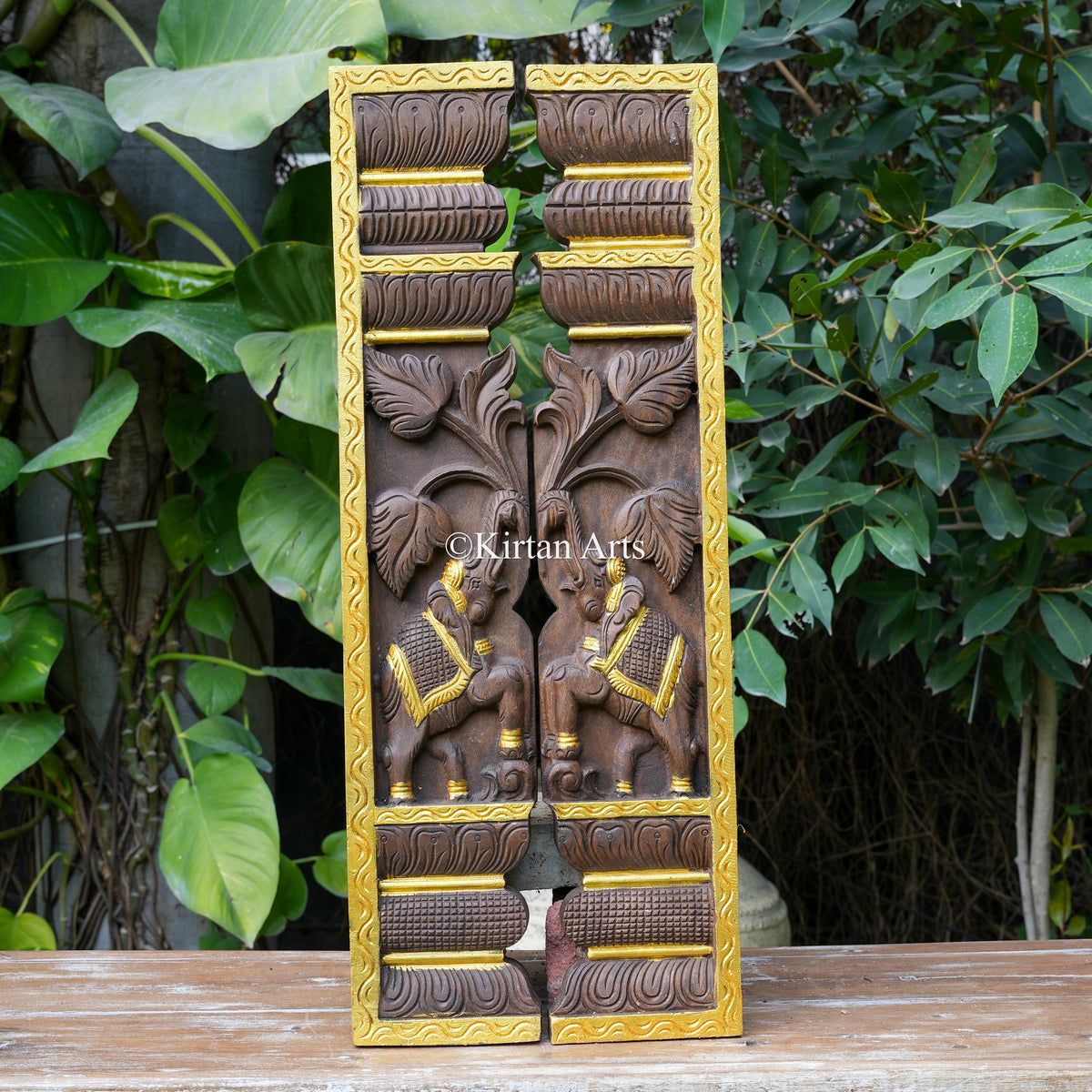 30" Hand-Carved Elephant Door Jamb Panels with Gold Paint Highlights (Pair)