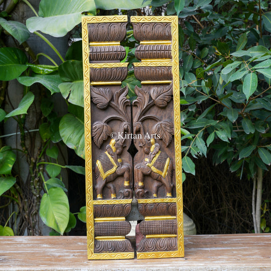 30" Hand-Carved Elephant Door Jamb Panels with Gold Paint Highlights (Pair)
