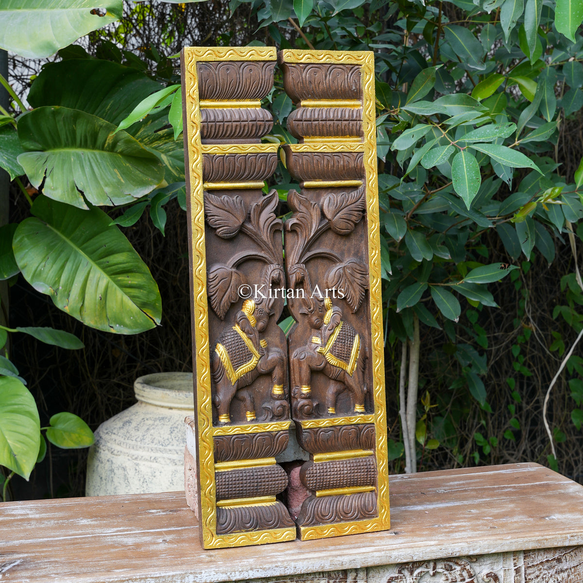 30" Hand-Carved Elephant Door Jamb Panels with Gold Paint Highlights (Pair)