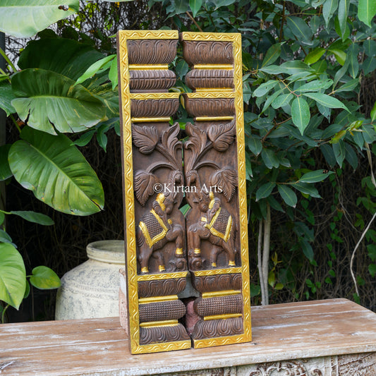 30" Hand-Carved Elephant Door Jamb Panels with Gold Paint Highlights (Pair)