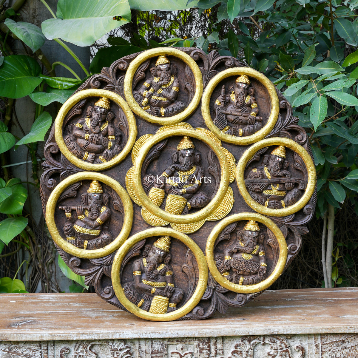 30" Hand-Carved Wooden Ashta Ganesha Circular Wall Medallion