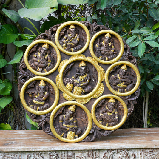 30" Hand-Carved Wooden Ashta Ganesha Circular Wall Medallion