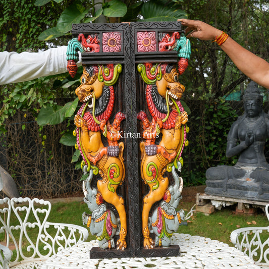 36" Hand-Carved Polychrome Yali Architectural Bracket Panel (Pair)