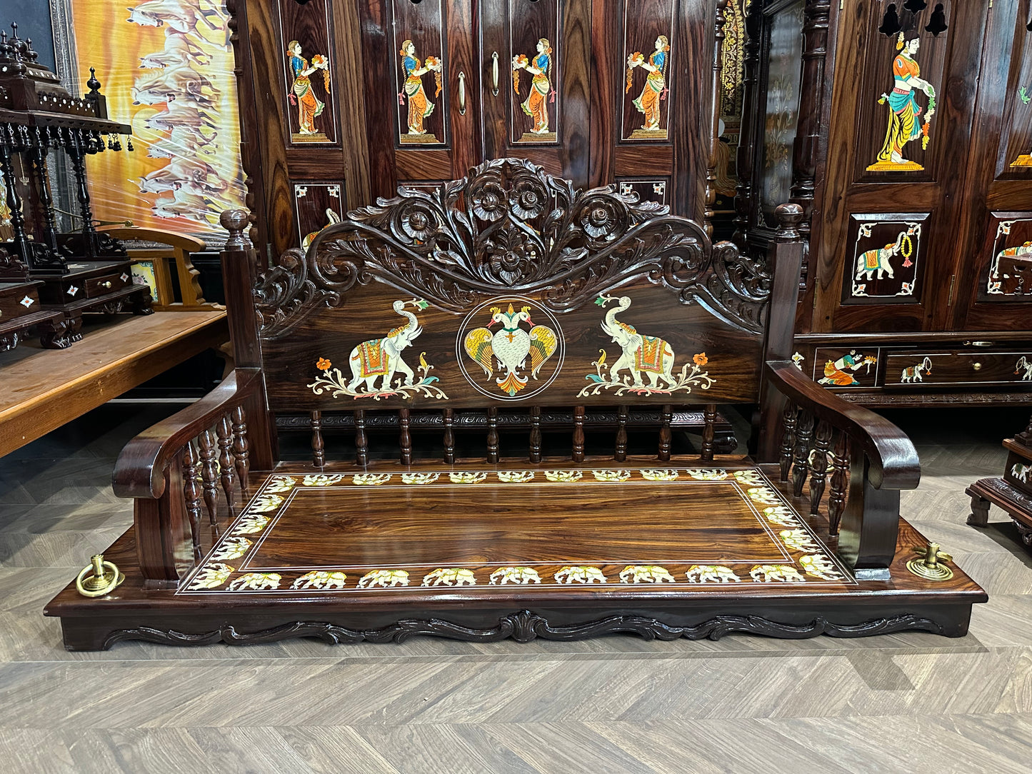 Rosewood Swing/Jhula/ Oonjal w Backrest | 5x2 ft | Elephant Inlay