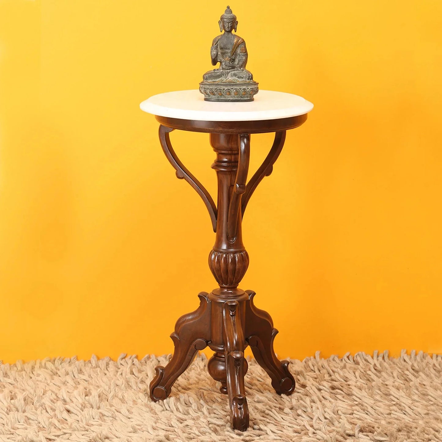 Faye End Table in Teakwood with Walnut Finish and Round Marble Top 29"