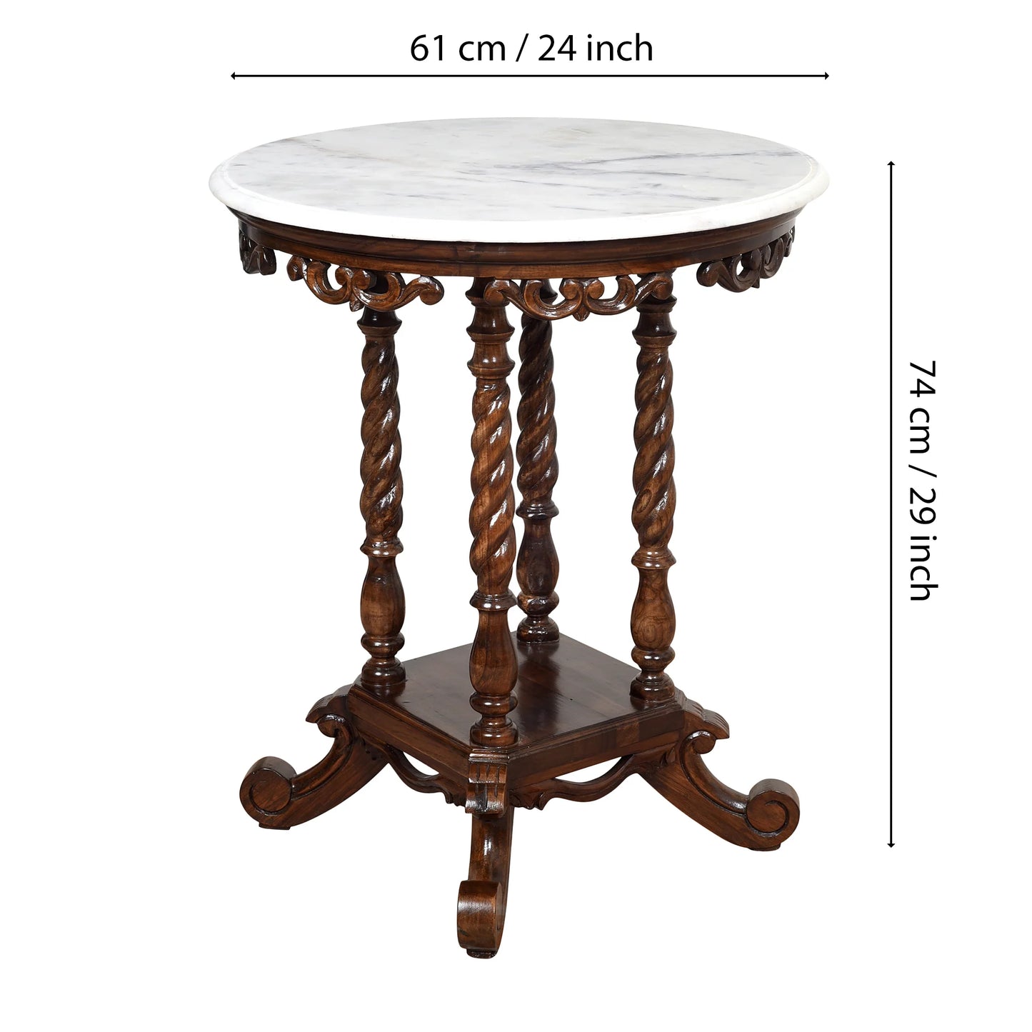 Fiona Premium Teakwood End Table – 24-Inch Round White Marble Top & Walnut Finish