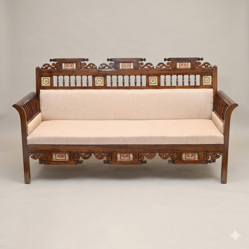 Maharaja Three-Seater Premium Teakwood Sofa –  Handcrafted with Dhokra Brass & Madhubani Accents