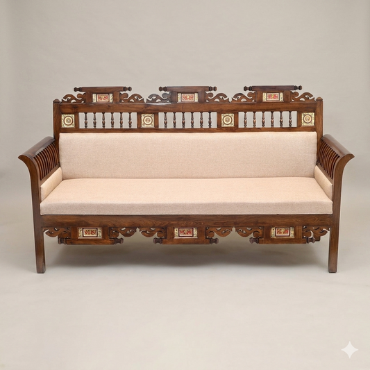 Maharaja Three-Seater Premium Teakwood Sofa –  Handcrafted with Dhokra Brass & Madhubani Accents