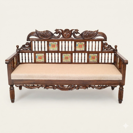 62-Inch Hand-Carved Teakwood Takth – Three-Seater Sofa with Warli & DhokraArt | Mallika