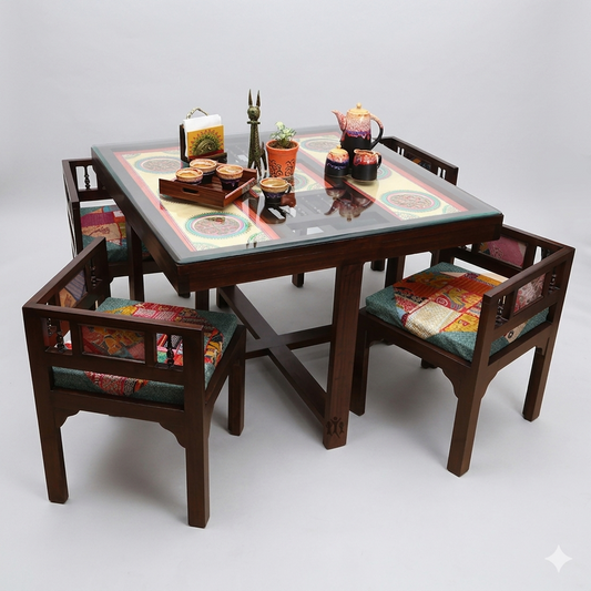 42" Square Teakwood Dining Table with Madhubani Art & Dhokra Brass Detailing | Mocha Dining Table