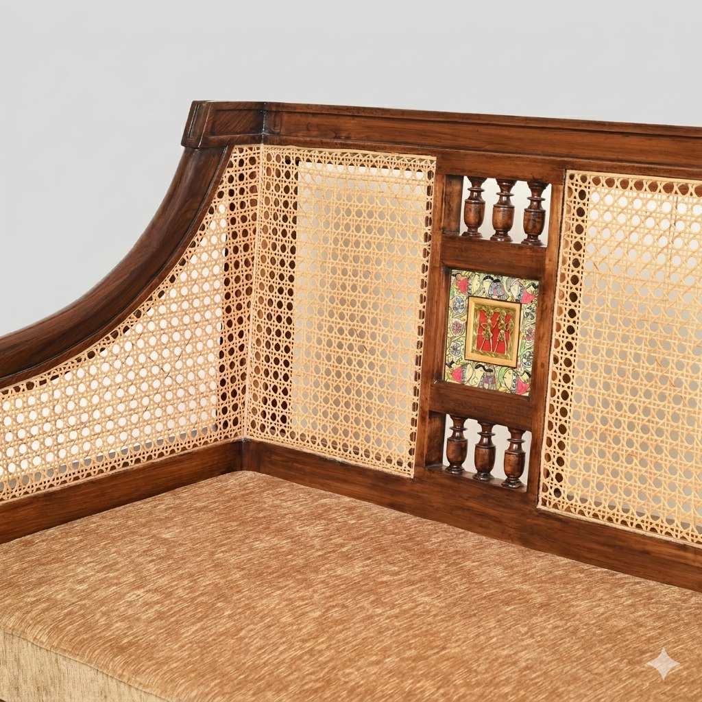 3 Seater Teakwood Sofa with Madhubani Art, Dhokra Brass, and Natural Cane | Tulip
