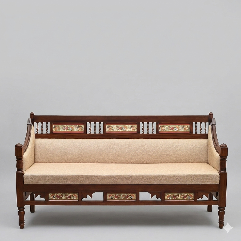 Maharani Teakwood Art Sofa Set (3+1+1+Center Table) | Peacock Artwork