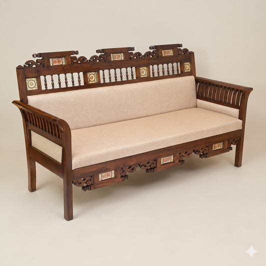 Maharaja Three-Seater Premium Teakwood Sofa –  Handcrafted with Dhokra Brass & Madhubani Accents