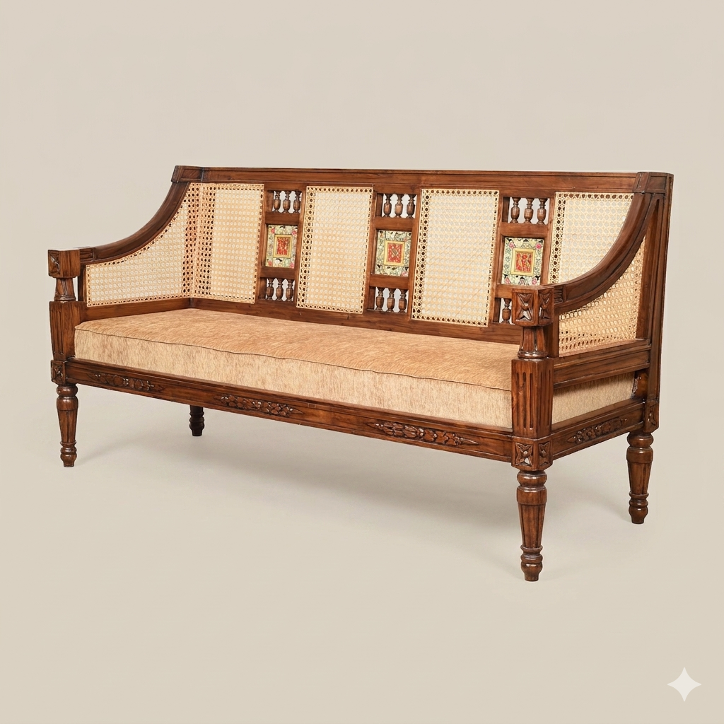 3 Seater Teakwood Sofa with Madhubani Art, Dhokra Brass, and Natural Cane | Tulip