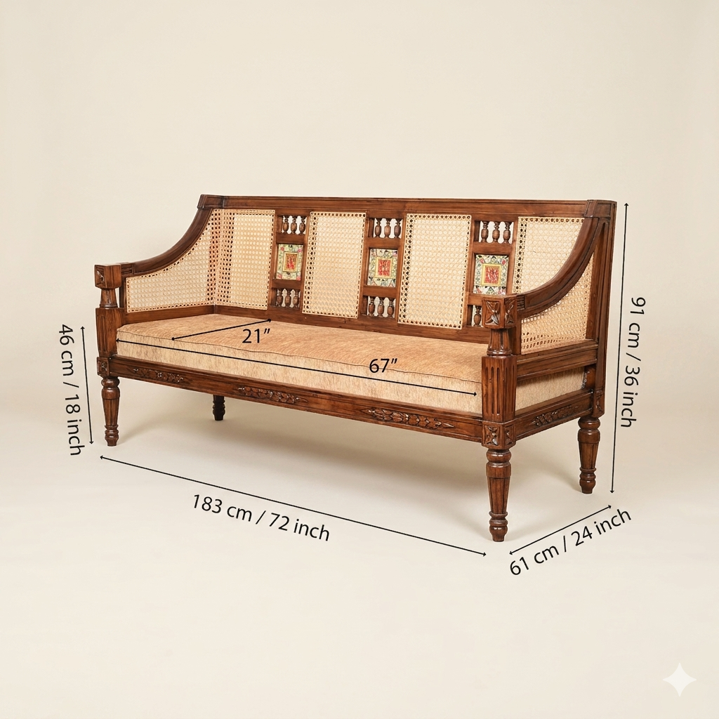 3 Seater Teakwood Sofa with Madhubani Art, Dhokra Brass, and Natural Cane | Tulip
