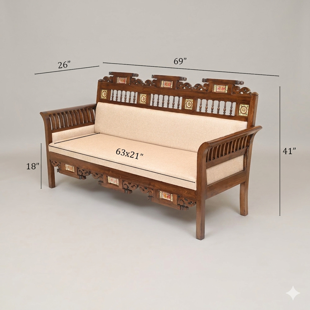 Maharaja Three-Seater Premium Teakwood Sofa –  Handcrafted with Dhokra Brass & Madhubani Accents