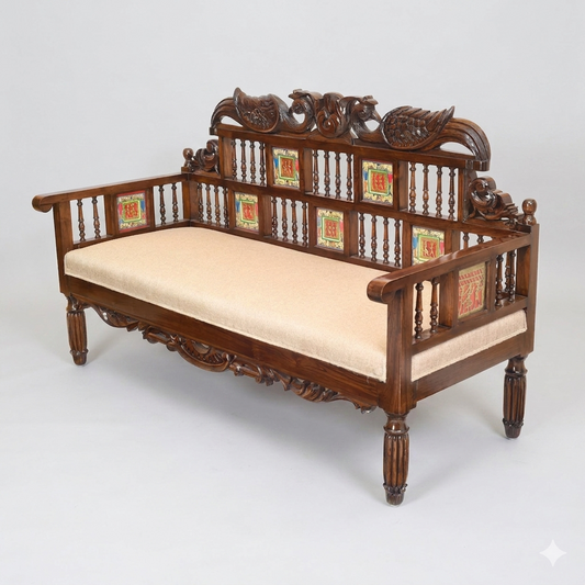 62-Inch Hand-Carved Teakwood Takth – Three-Seater Sofa with Warli & DhokraArt | Mallika