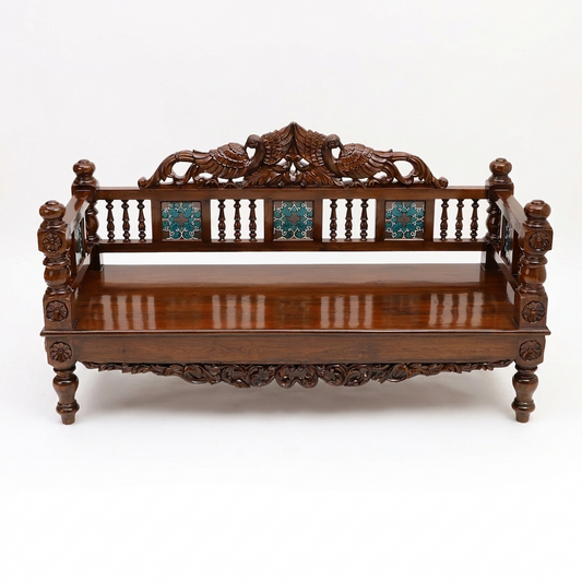 5ft Hand-Carved Teakwood Jhula Seat with Peacock Crest and Floral Tiles